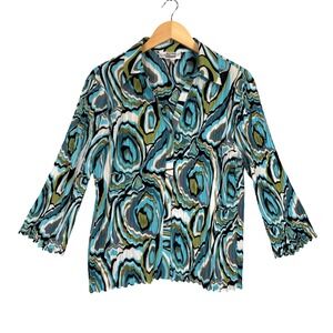 90s E.K. Designs Button Up Top Women Large Blue Green Pleated Plisse‎ Blouse